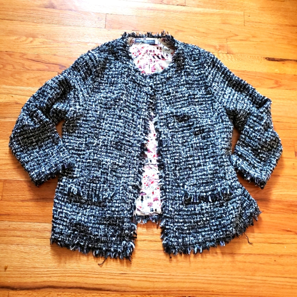 Signature Collection sz Large(12-14) Black & White Tweed colorful lining jacket